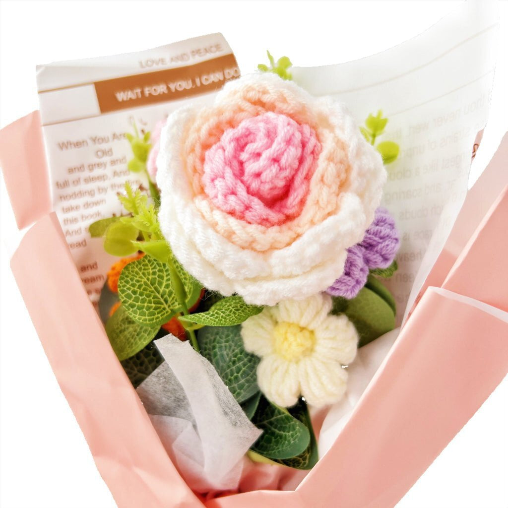 Crochet Flower Arrangement – LED Light & Gift Bag for Home Decor