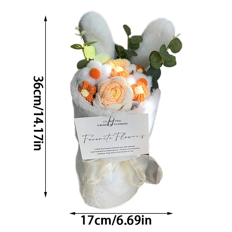 Cute Plush Rabbit Ear Bouquet Finished Crochet Knitted Rose Flower Artificial Eucalyptus Decor Fake Flower for Birthday Gifts