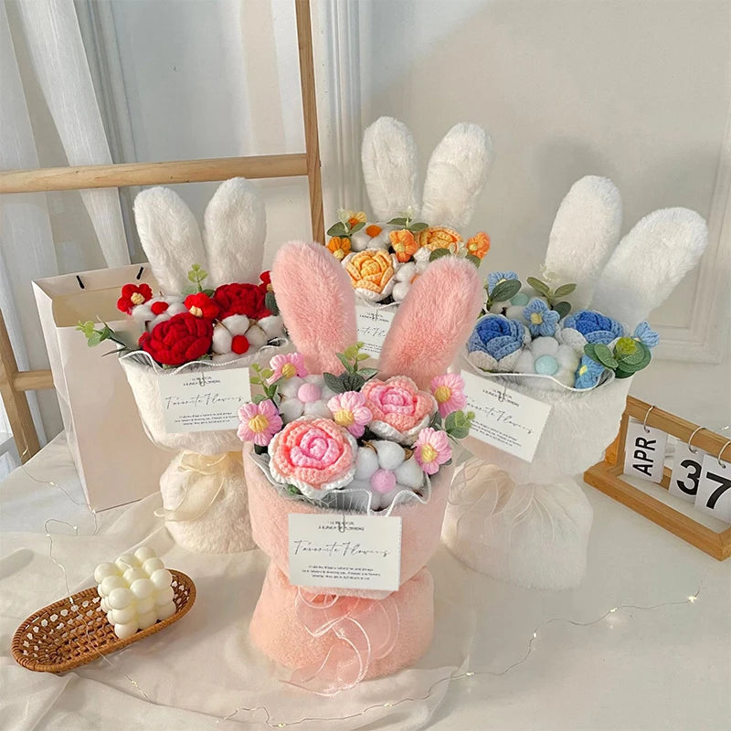 Cute Plush Rabbit Ear Bouquet Finished Crochet Knitted Rose Flower Artificial Eucalyptus Decor Fake Flower for Birthday Gifts