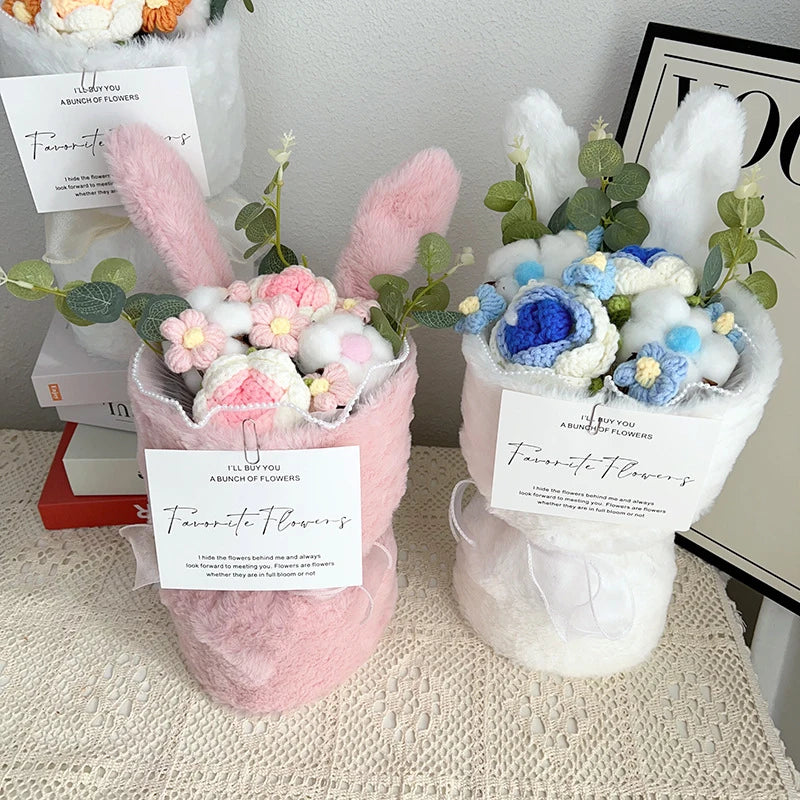 Cute Plush Rabbit Ear Bouquet Finished Crochet Knitted Rose Flower Artificial Eucalyptus Decor Fake Flower for Birthday Gifts