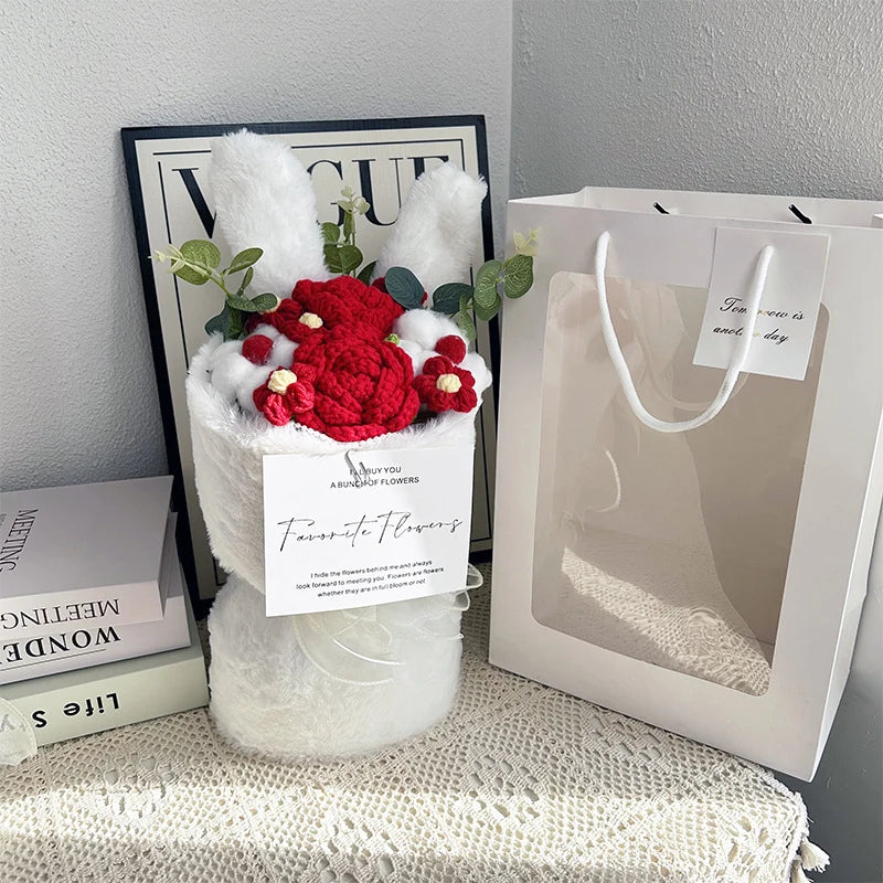 Cute Plush Rabbit Ear Bouquet Finished Crochet Knitted Rose Flower Artificial Eucalyptus Decor Fake Flower for Birthday Gifts