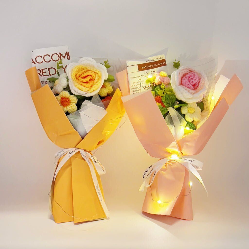 Crochet Flower Arrangement – LED Light & Gift Bag for Home Decor