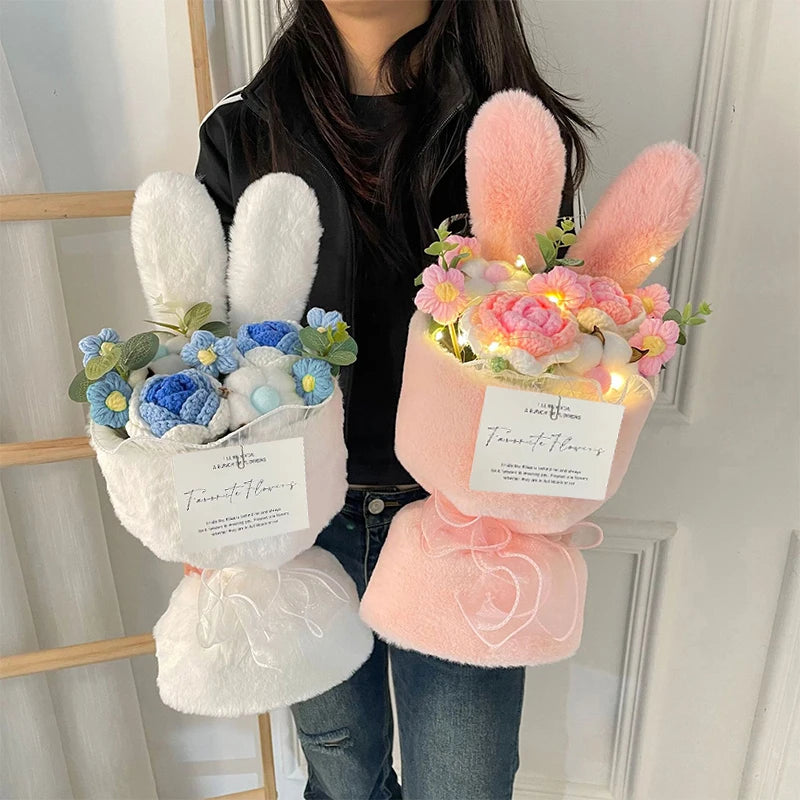 Cute Plush Rabbit Ear Bouquet Finished Crochet Knitted Rose Flower Artificial Eucalyptus Decor Fake Flower for Birthday Gifts