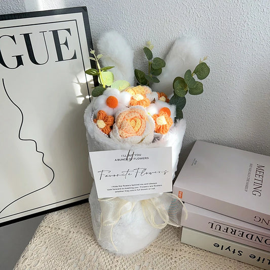 Cute Plush Rabbit Ear Bouquet Finished Crochet Knitted Rose Flower Artificial Eucalyptus Decor Fake Flower for Birthday Gifts